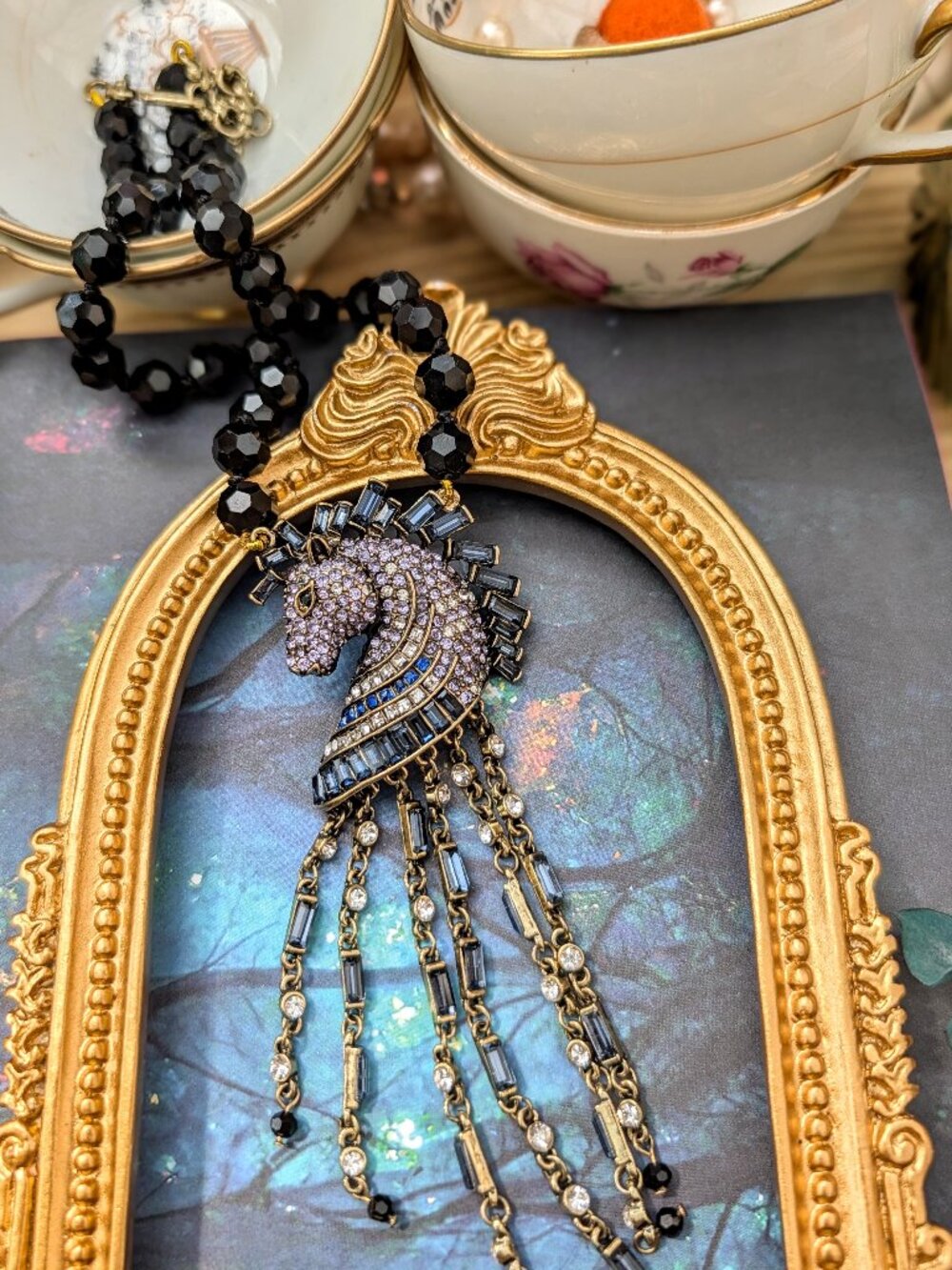 Retro Rhinestone Horse Bust Tassel Jet Bead Necklace, Heidi Daus Style Estate